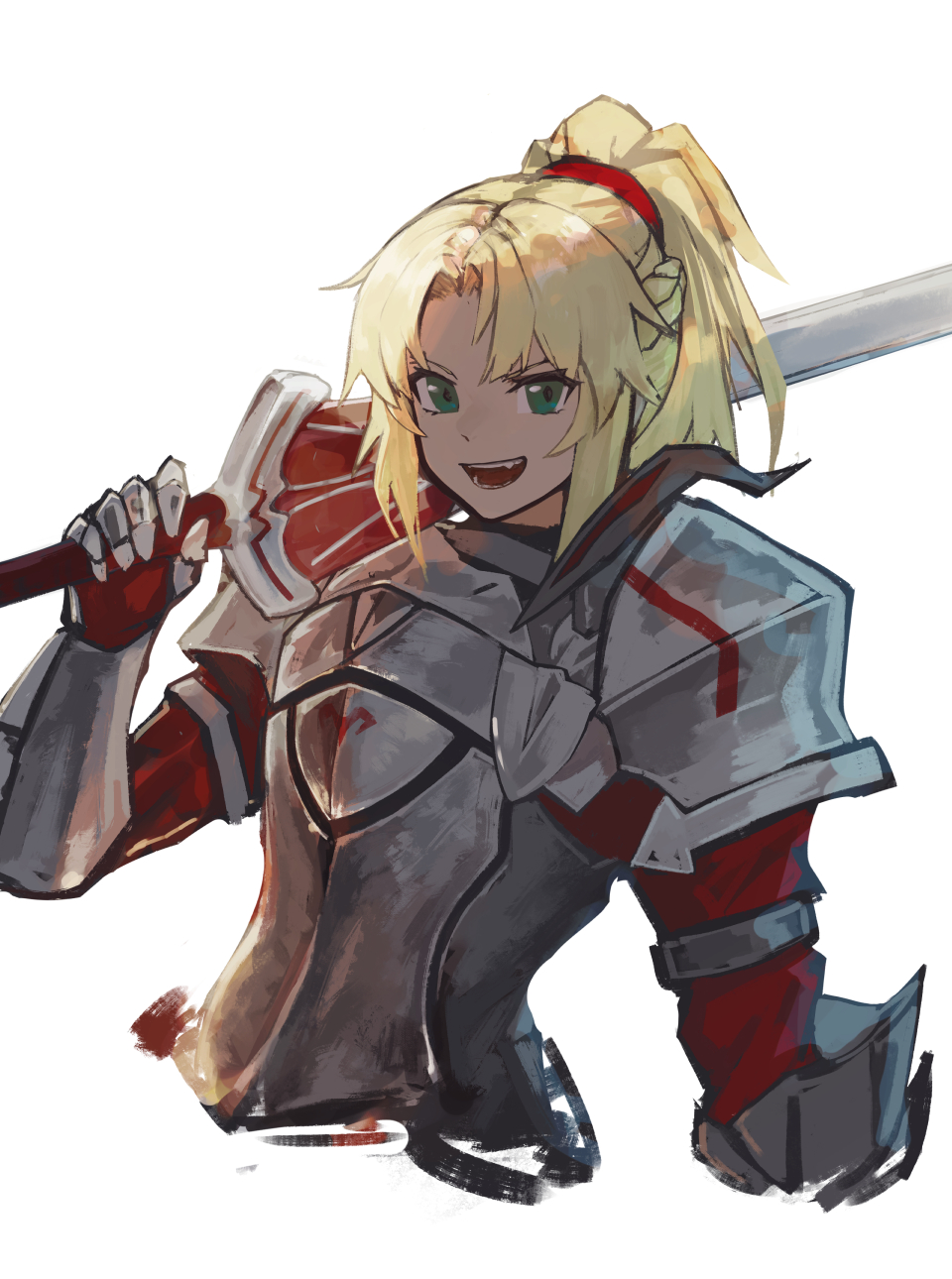 1girl :d aito armor bangs blonde_hair commentary_request cropped_torso fang fate/apocrypha fate_(series) green_eyes hair_ornament hair_scrunchie hand_up highres holding holding_sword holding_weapon long_hair looking_at_viewer mordred_(fate) mordred_(fate)_(all) open_mouth over_shoulder parted_bangs ponytail red_scrunchie scrunchie shiny shiny_hair shoulder_plates simple_background smile solo sword upper_body weapon weapon_over_shoulder white_background