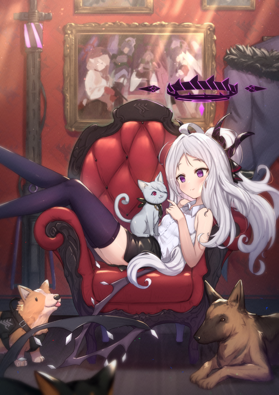 1girl ahoge animal armchair bangs black_skirt blue_archive blush breasts cat cat_on_person chair collared_shirt commentary_request dog feet_out_of_frame halo highres hina_(blue_archive) horns indoors long_hair looking_at_animal lying miniskirt on_chair parted_bangs purple_legwear shirt skirt sleeveless sleeveless_shirt small_breasts solo tail thigh-highs uneg very_long_hair violet_eyes white_hair white_shirt