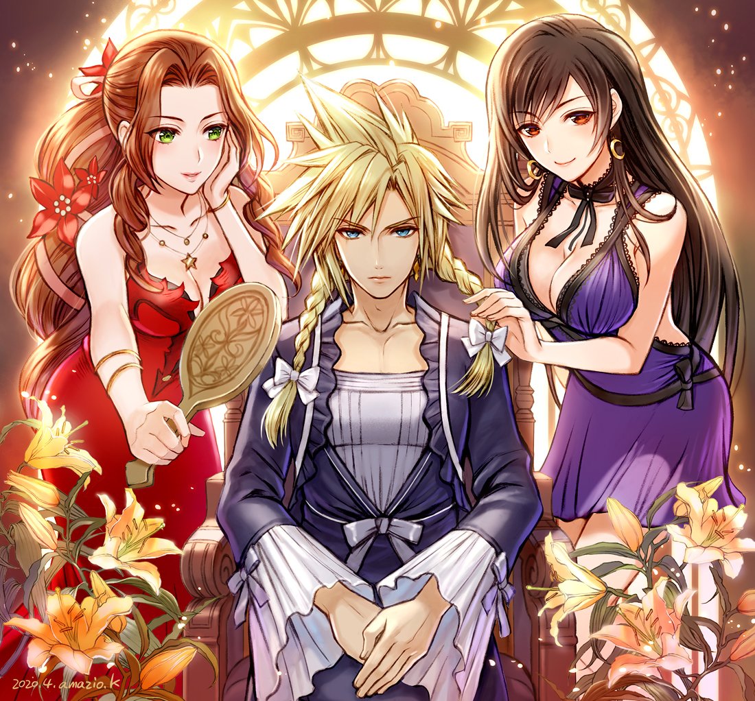 aerith_gainsborough amazio_komeko cloud_strife crossdressinging dress final_fantasy final_fantasy_vii final_fantasy_vii_remake flower mirror tifa_lockhart