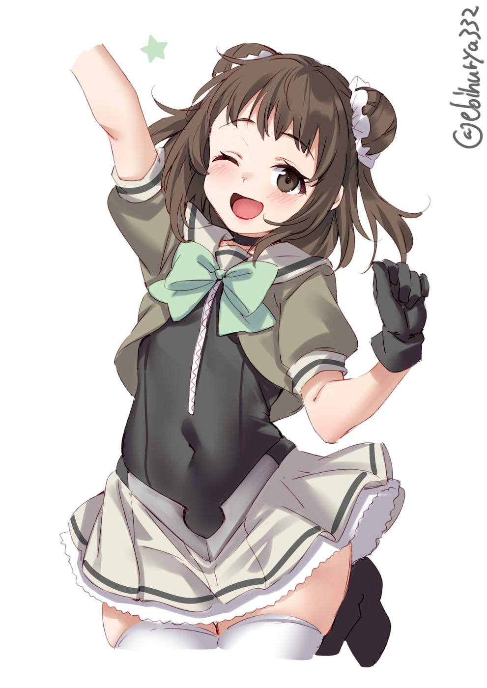 1girl alternate_costume anchor antenna_hair back_bow black_gloves blush boots bow brown_eyes brown_hair corset cosplay double_bun ebifurya eyebrows_visible_through_hair gloves grey_sailor_collar grey_skirt highres idol jumping kantai_collection long_hair momo_(kancolle) momo_(kancolle)_(cosplay) naka_(kancolle) pleated_skirt red_bow sailor_collar sailor_shirt school_uniform serafuku shirt simple_background skirt solo thigh-highs twitter_username white_background white_legwear zipper_pull_tab