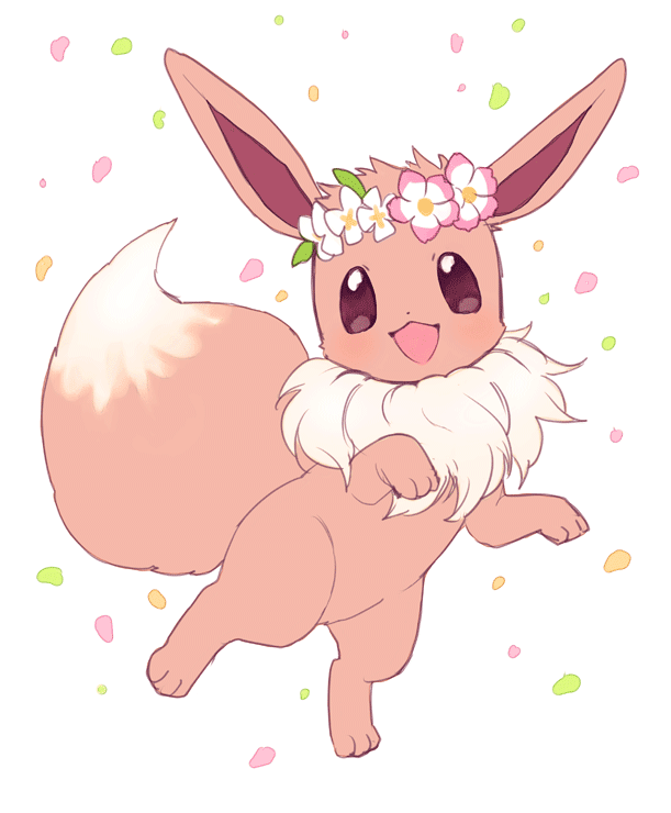 :d amezawa_koma eevee full_body gen_1_pokemon head_wreath looking_at_viewer no_humans open_mouth petals pokemon pokemon_(creature) smile solo