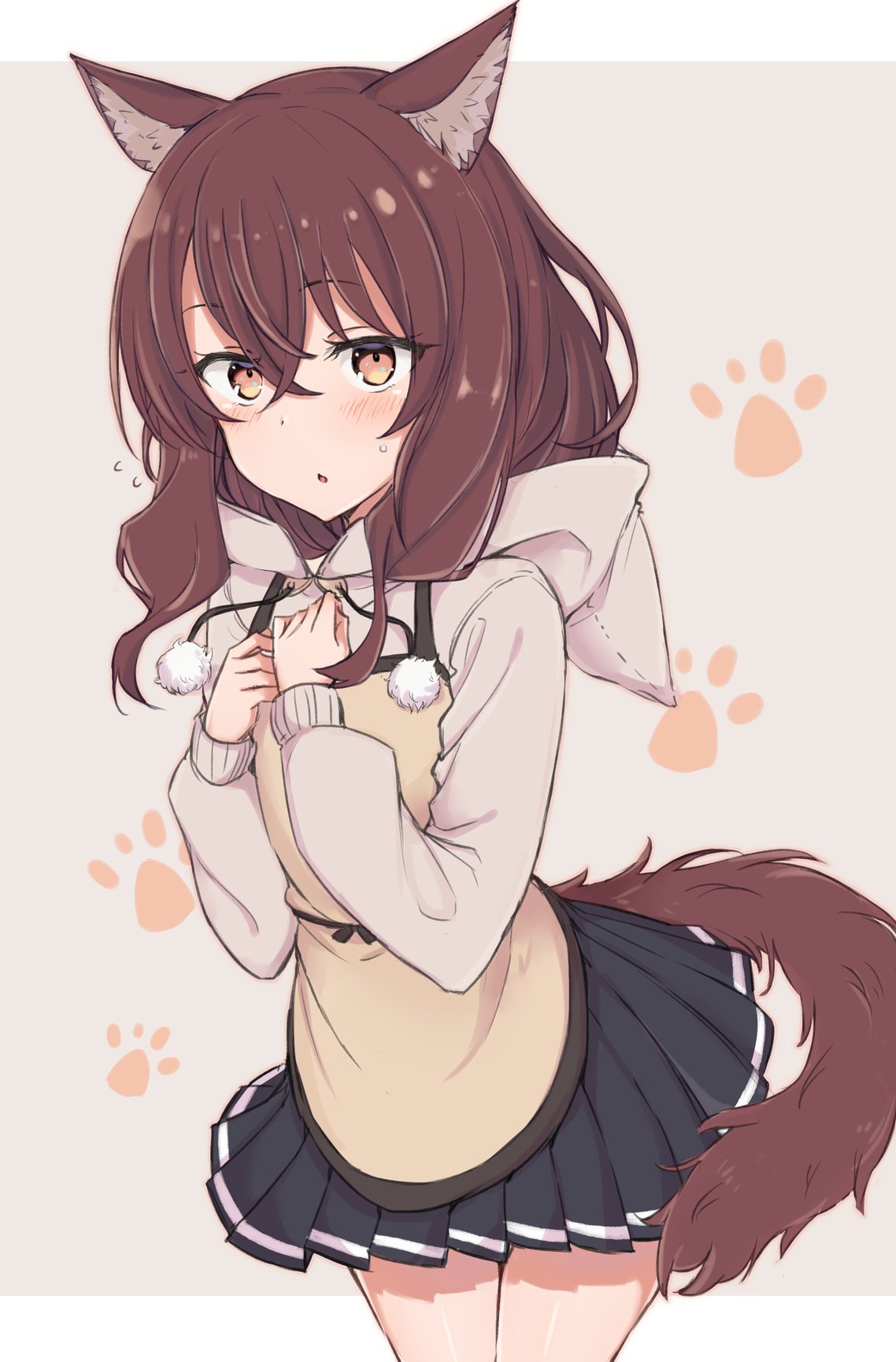 1girl animal_ear_fluff animal_ears apron bangs black_skirt blush brown_apron brown_background brown_eyes brown_hair cat_ears cat_girl cat_tail commentary_request drawstring eyebrows_visible_through_hair flying_sweatdrops grey_hoodie hair_between_eyes hands_up highres hood hood_down hoodie long_hair long_sleeves looking_at_viewer nonono_(mino) original parted_lips pleated_skirt pom_pom_(clothes) skirt solo standing sweat tail two-tone_background white_background
