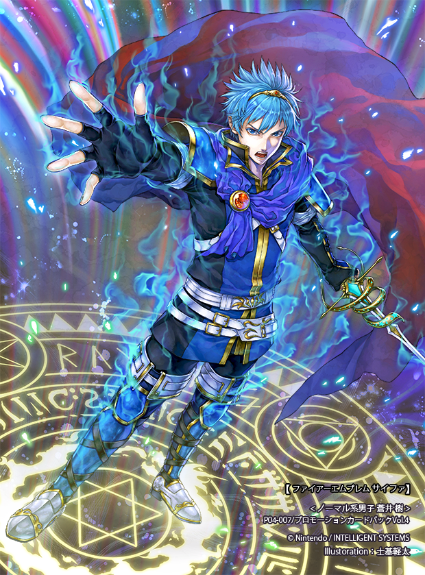 1boy aoi_itsuki armor armored_boots belt blue_eyes blue_hair boots cape company_name fire_emblem fire_emblem_cipher holding holding_sword holding_weapon looking_at_viewer magic open_mouth shiki_karuta sword tiara tokyo_mirage_sessions_fe weapon