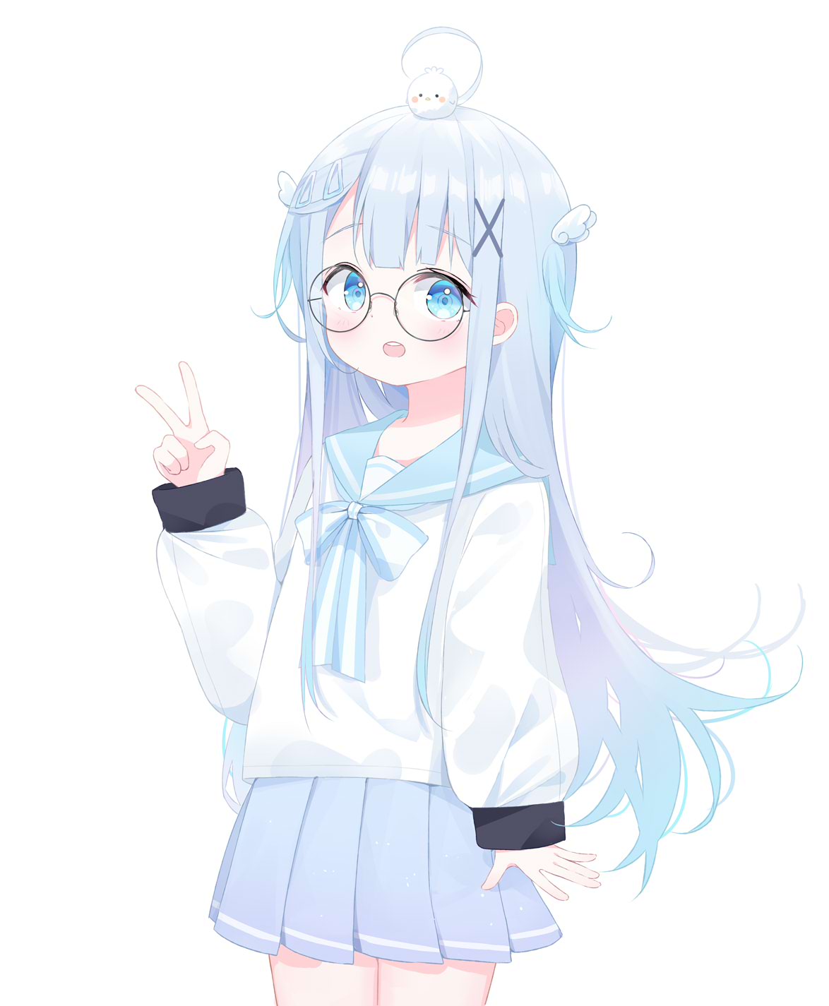 1girl :d ahoge amatsuka_uto animal_on_head bangs black-framed_eyewear blue_eyes blue_hair blue_sailor_collar blue_skirt blurry blurry_background blush bow depth_of_field deyui eyebrows_visible_through_hair glasses hair_ornament hand_up highres indie_virtual_youtuber long_hair long_sleeves looking_at_viewer on_head open_mouth pleated_skirt puffy_long_sleeves puffy_sleeves round_eyewear sailor_collar school_uniform serafuku shirt simple_background skirt sleeves_past_wrists smile solo striped striped_bow two_side_up upper_teeth v very_long_hair virtual_youtuber white_background white_shirt wing_hair_ornament x_hair_ornament
