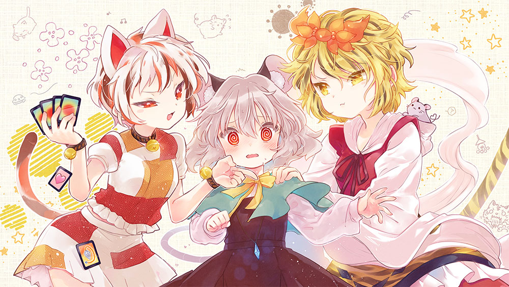 3girls @_@ animal_ear_fluff animal_ears bell bishamonten's_pagoda biyon black_dress black_hair blonde_hair blush capelet card cat_ears cat_tail commentary_request commission dress goutokuji_mike grey_hair hair_between_eyes hair_ornament hand_on_another's_shoulder hands_up heart heart_tail holding holding_card jewelry long_sleeves midriff_peek mouse mouse_ears mouse_tail multicolored_hair multiple_girls nazrin neck_bell open_mouth pendant pointing red_dress red_eyes short_hair short_sleeves skeb_commission skirt star_(symbol) streaked_hair sweat tail tiger_stripes tiger_tail toramaru_shou touhou two-tone_hair ufo upper_body white_skirt wide_sleeves wristband yellow_eyes