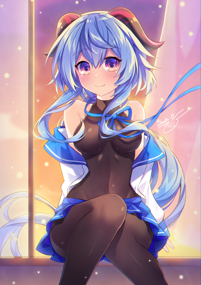 1girl alternate_costume bangs binato_lulu black_legwear blue_hair blurry bodysuit bow bowtie commentary_request contemporary covered_navel curtains depth_of_field eyebrows_visible_through_hair eyes_visible_through_hair ganyu_(genshin_impact) genshin_impact gradient_eyes hair_between_eyes horns long_hair looking_at_viewer low_ponytail multicolored multicolored_eyes off-shoulder_shirt off_shoulder pantyhose pleated_skirt school_uniform serafuku shirt sidelocks signature sitting skirt smile solo twilight violet_eyes wind window