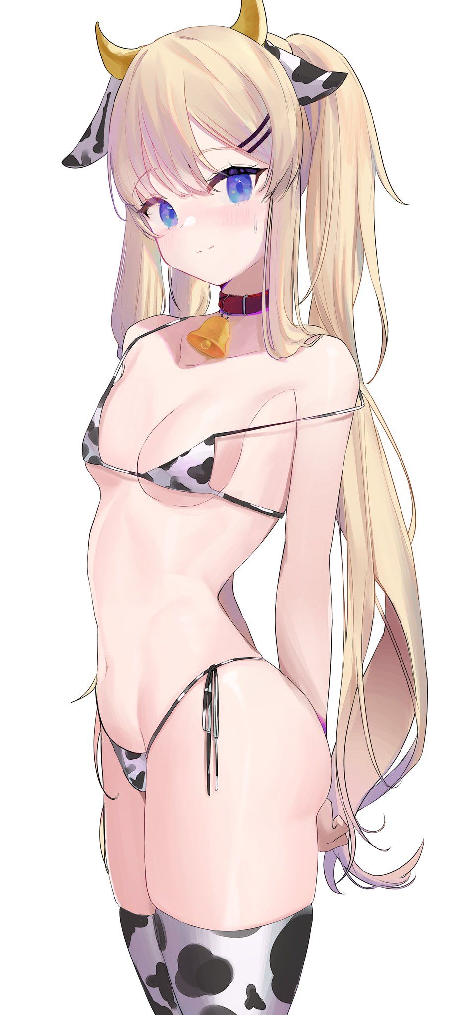 1girl animal_ears animal_print bell bikini blonde_hair blue_eyes blush breasts cherrymaru closed_mouth collar commission cow_ears cow_horns cow_print cowboy_shot eyebrows_visible_through_hair from_side hair_ornament hairclip highres horns light_smile long_hair navel neck_bell original print_bikini print_legwear second-party_source side-tie_bikini sidelocks simple_background small_breasts smile solo soul_worker strap_slip string_bikini sweatdrop swimsuit thigh-highs twintails very_long_hair white_background
