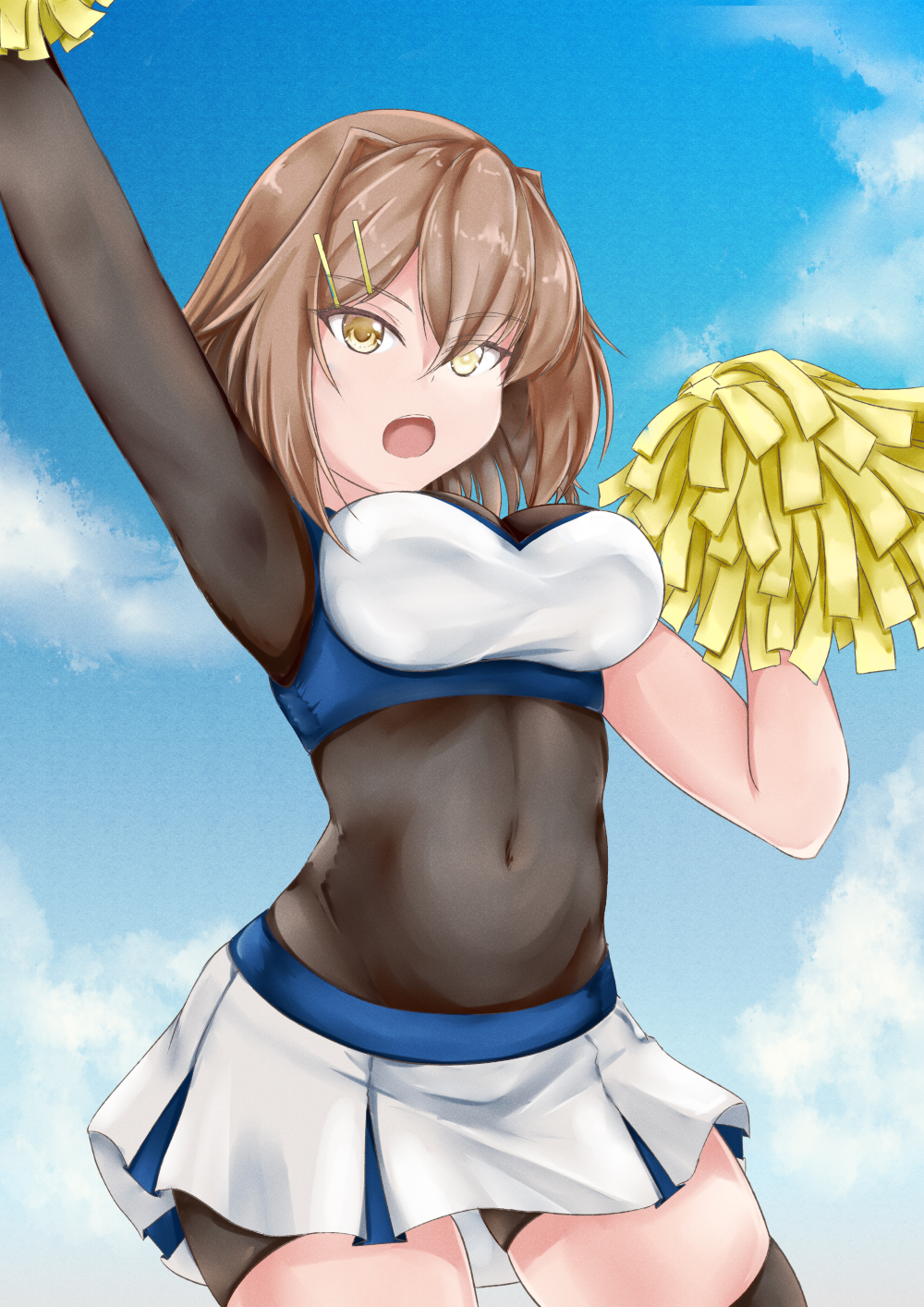 1girl alternate_costume arm_up black_bodysuit bodysuit breasts brown_hair cheerleader covered_navel cowboy_shot furutaka_(kancolle) glowing glowing_eye hair_ornament hairclip highres holding holding_pom_poms kantai_collection koru_pera medium_breasts miniskirt open_mouth pleated_skirt pom_poms shirt short_hair skirt sleeveless sleeveless_shirt solo white_skirt yellow_eyes