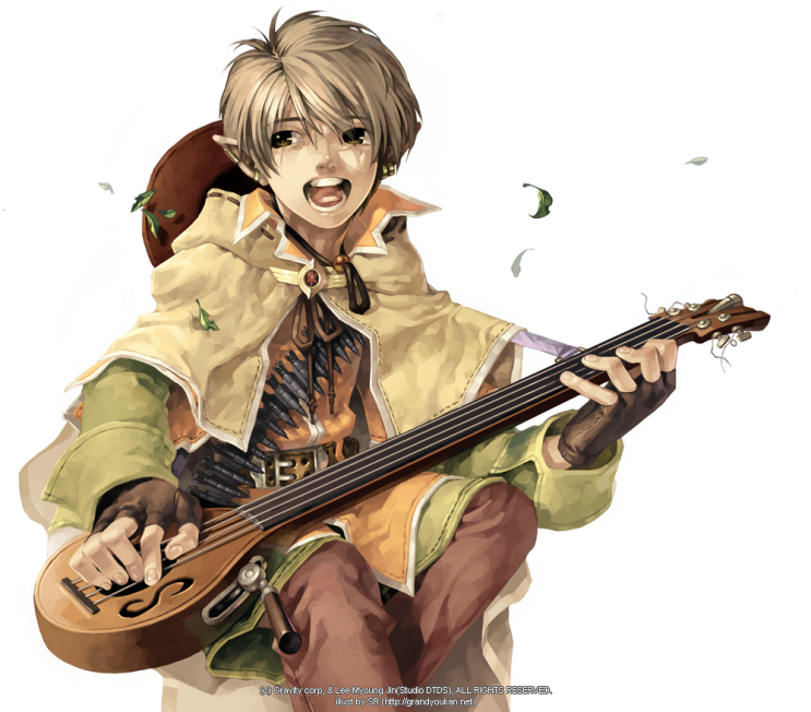 1boy artist_name bandolier bangs bard_(ragnarok_online) belt brown_belt brown_capelet brown_eyes brown_gloves brown_hair brown_shirt capelet commentary_request dated_commentary feet_out_of_frame fingerless_gloves gloves grandyoukan green_shorts holding holding_instrument instrument korean_commentary layered_sleeves leaves_in_wind long_sleeves looking_to_the_side lute_(instrument) open_mouth pants_under_shorts pointy_ears ragnarok_online shirt short_hair short_over_long_sleeves short_sleeves shorts simple_background solo watermark web_address white_background