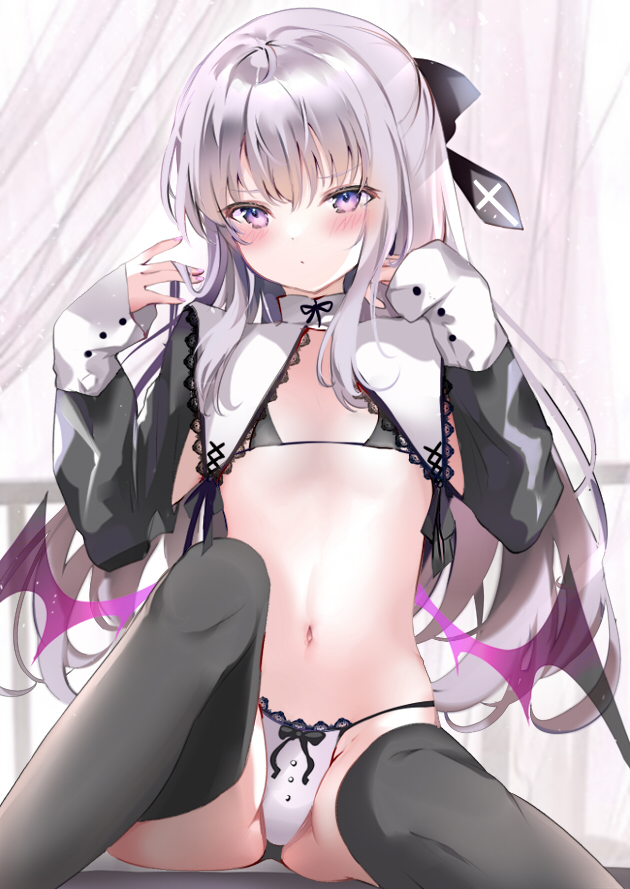 1girl bangs black_bow black_bra black_legwear blush bow bow_bra bra closed_mouth commentary_request eyebrows_visible_through_hair feet_out_of_frame flat_chest grey_hair hair_between_eyes hair_bow hands_up knee_up long_hair long_sleeves looking_at_viewer low_wings navel original panties pon_(ponidrop) purple_wings shrug_(clothing) sitting sleeves_past_wrists solo thigh-highs transparent_wings underwear very_long_hair violet_eyes white_panties wings