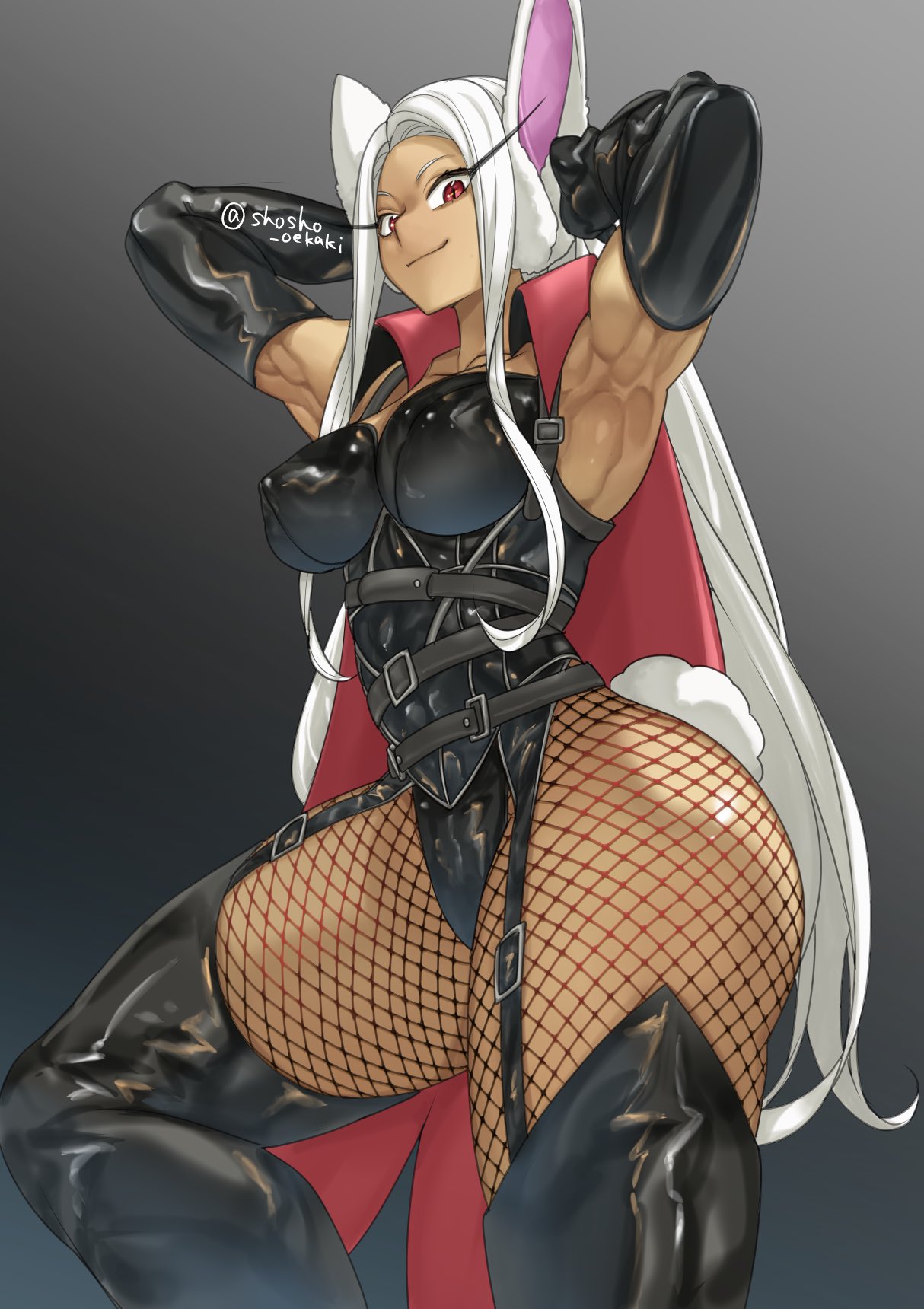 1girl animal_ears armpits arms_up ass belt black_gloves black_legwear boku_no_hero_academia breasts bunny_tail closed_mouth elbow_gloves eyelashes fishnets gloves highres impossible_clothes latex long_hair looking_at_viewer looking_down mirko muscular muscular_female rabbit_ears red_eyes shosho_oekaki smile solo tail very_long_hair white_hair