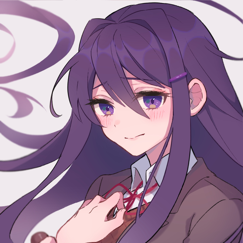1girl blush closed_mouth commentary doki_doki_literature_club hair_ornament hairclip hands_up long_hair long_sleeves looking_at_viewer m1stm1 neck_ribbon portrait purple_hair red_neckwear ribbon school_uniform simple_background solo upper_body violet_eyes white_background yuri_(doki_doki_literature_club)