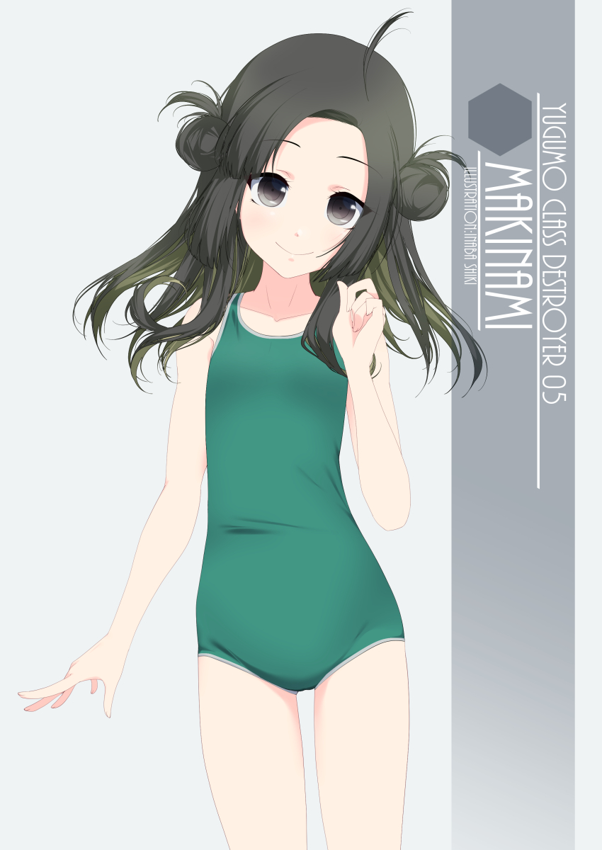 1girl ahoge artist_name black_hair character_name cowboy_shot double_bun flat_chest forehead green_hair green_swimsuit grey_background highres inaba_shiki kantai_collection long_hair looking_at_viewer makinami_(kancolle) multicolored_hair new_school_swimsuit one-hour_drawing_challenge school_swimsuit simple_background smile solo standing swimsuit