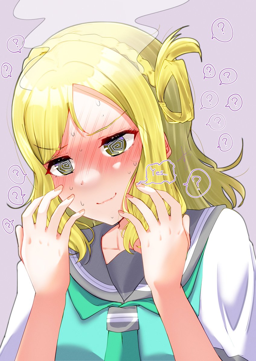 1girl ? @_@ bangs birthday blonde_hair blush braid commentary_request crown_braid embarrassed english_text hair_rings love_live! love_live!_sunshine!! medium_hair ohara_mari school_uniform short_sleeves sidelocks solo speech_bubble steam upper_body uranohoshi_school_uniform yaa-kun yellow_eyes