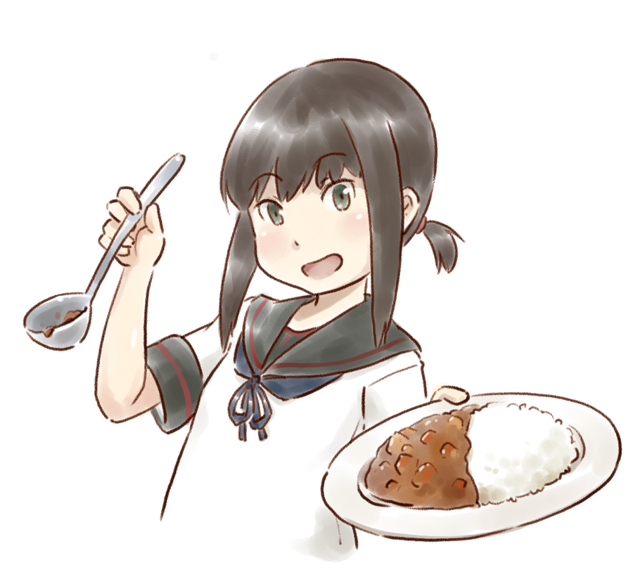 1girl black_hair black_sailor_collar commentary_request curry curry_rice food fubuki_(kancolle) green_eyes holding holding_spoon kantai_collection karasu_(naoshow357) long_hair looking_at_viewer low_ponytail ponytail remodel_(kantai_collection) rice sailor_collar short_ponytail sidelocks simple_background solo spoon white_background