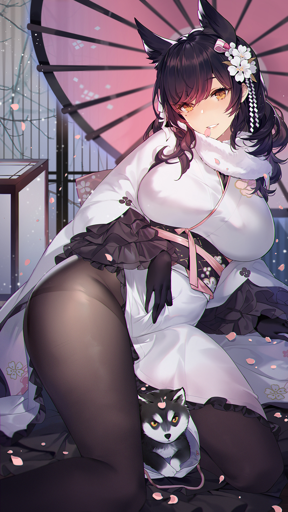 1girl animal_ears atago_(azur_lane) atago_(features_of_winter)_(azur_lane) azur_lane bangs black_hair black_legwear blush breasts dog dog_ears extra_ears fur_collar hatoyama_itsuru highres holding holding_umbrella husky japanese_clothes kimono large_breasts long_hair long_sleeves looking_at_viewer mole mole_under_eye obi oil-paper_umbrella puppy sash smile umbrella white_kimono