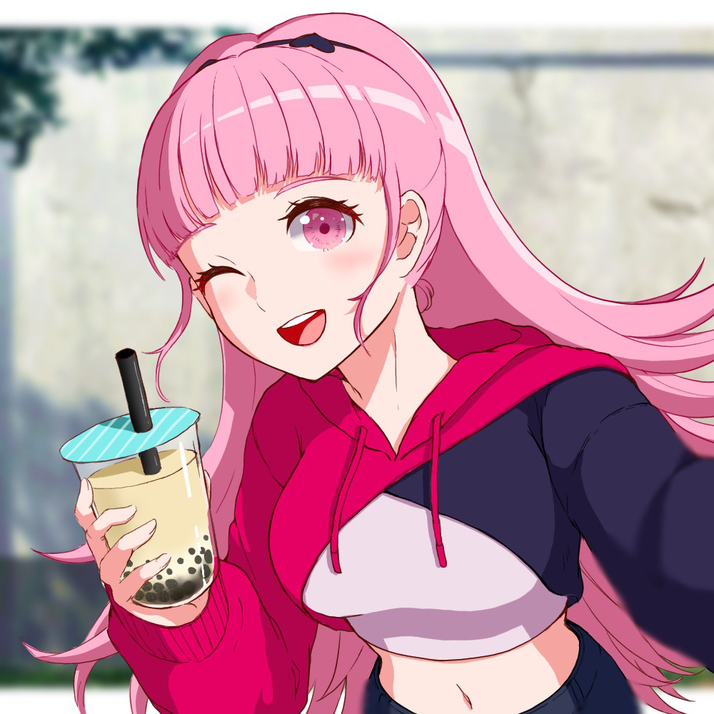 1girl bangs blurry blurry_background blush bubble_tea commentary_request cropped_hoodie drink edie_crop_hoodie fire_emblem fire_emblem:_three_houses high_ponytail hilda_valentine_goneril holding holding_drink hood hood_down hoodie long_hair looking_at_viewer meme_attire miran_(olivine_20) multicolored multicolored_clothes navel one_eye_closed open_mouth outstretched_hand pink_eyes pink_hair single_sleeve smile solo