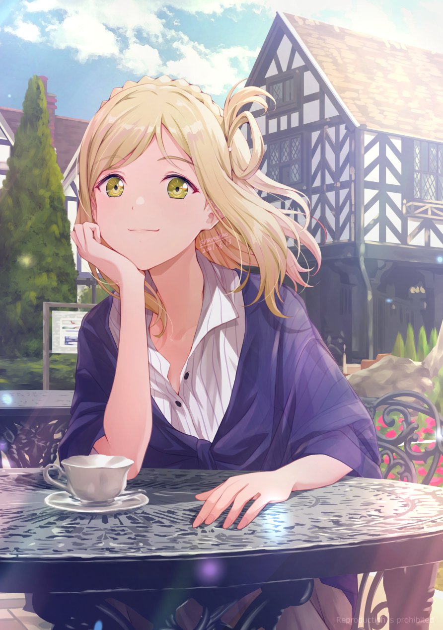 1girl bangs birthday blonde_hair braid chair clouds cloudy_sky commentary crown_braid cup dated eyebrows_visible_through_hair hair_rings highres house looking_at_viewer love_live! love_live!_sunshine!! medium_hair ohara_mari shamakho shiny shiny_hair short_sleeves sidelocks signature sitting sky solo table teacup yellow_eyes