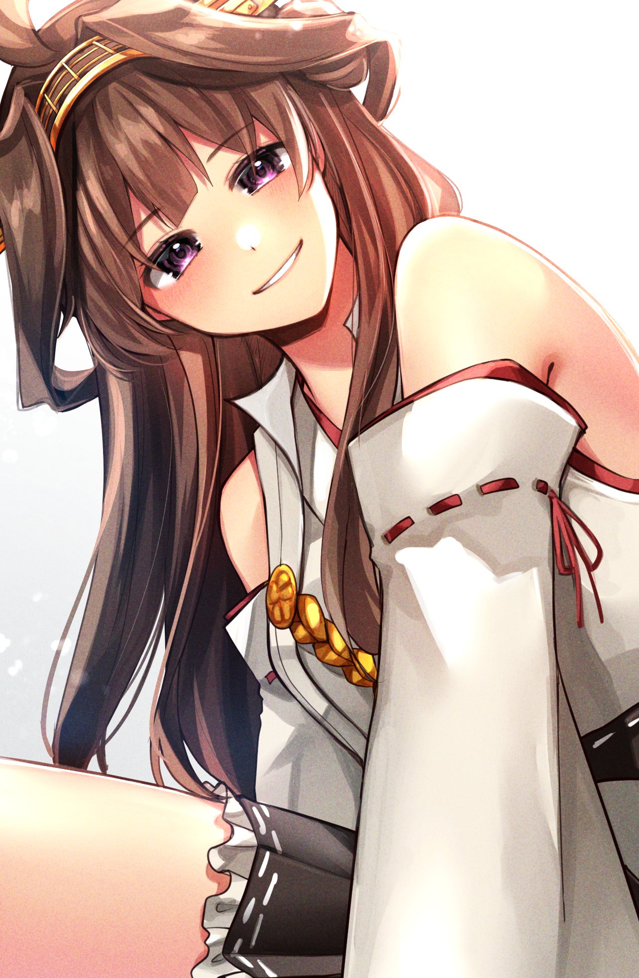 1girl ahoge black_skirt brown_hair detached_sleeves double_bun frilled_skirt frills hairband highres japanese_clothes kantai_collection katsuobushi_(eba_games) kongou_(kancolle) leaning_forward long_hair looking_at_viewer parted_lips pleated_skirt popped_collar remodel_(kantai_collection) ribbon-trimmed_sleeves ribbon_trim sitting skirt smile solo