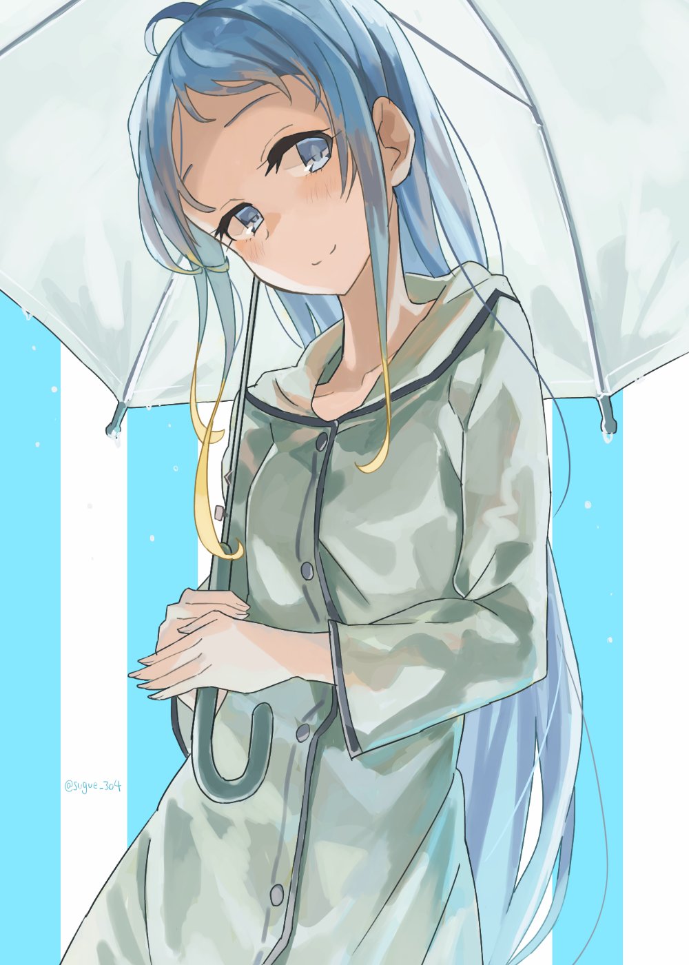 1girl alternate_costume bangs blue_eyes blue_hair cowboy_shot gradient_hair grey_raincoat highres kantai_collection long_hair looking_at_viewer multicolored_hair raincoat samidare_(kancolle) smile solo striped striped_background sugue_tettou swept_bangs transparent transparent_umbrella umbrella very_long_hair