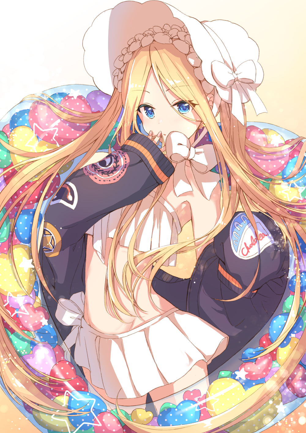 1girl abigail_williams_(fate) abigail_williams_(swimsuit_foreigner)_(fate) bikini black_jacket blonde_hair blue_eyes bonnet commentary_request eyebrows_visible_through_hair fate/grand_order fate_(series) fingernails frilled_bikini frills hair_between_eyes highres jacket long_hair long_sleeves looking_at_viewer shiohari_kanna solo swimsuit very_long_hair white_bikini white_headwear