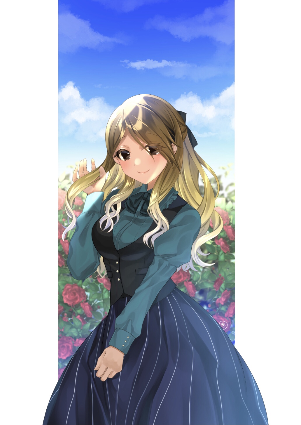 1girl blonde_hair blouse blush bow brown_eyes brown_hair clouds eyebrows_visible_through_hair eyes_visible_through_hair flower gradient_hair gyaru hair_bow hamcheeseand highres idolmaster idolmaster_shiny_colors izumi_mei long_eyelashes long_hair long_skirt looking_at_viewer multicolored_hair outdoors pillarboxed ribbon skirt smile solo sunlight tan vest