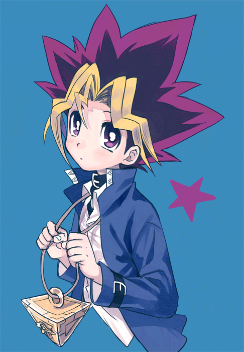 1boy amezawa_koma blonde_hair blue_background blue_jacket bright_pupils closed_mouth dot_mouth hands_up jacket long_sleeves looking_at_viewer millennium_puzzle multicolored_hair mutou_yuugi open_clothes open_jacket parted_lips purple_hair shirt simple_background solo two-tone_hair violet_eyes white_pupils white_shirt yu-gi-oh!