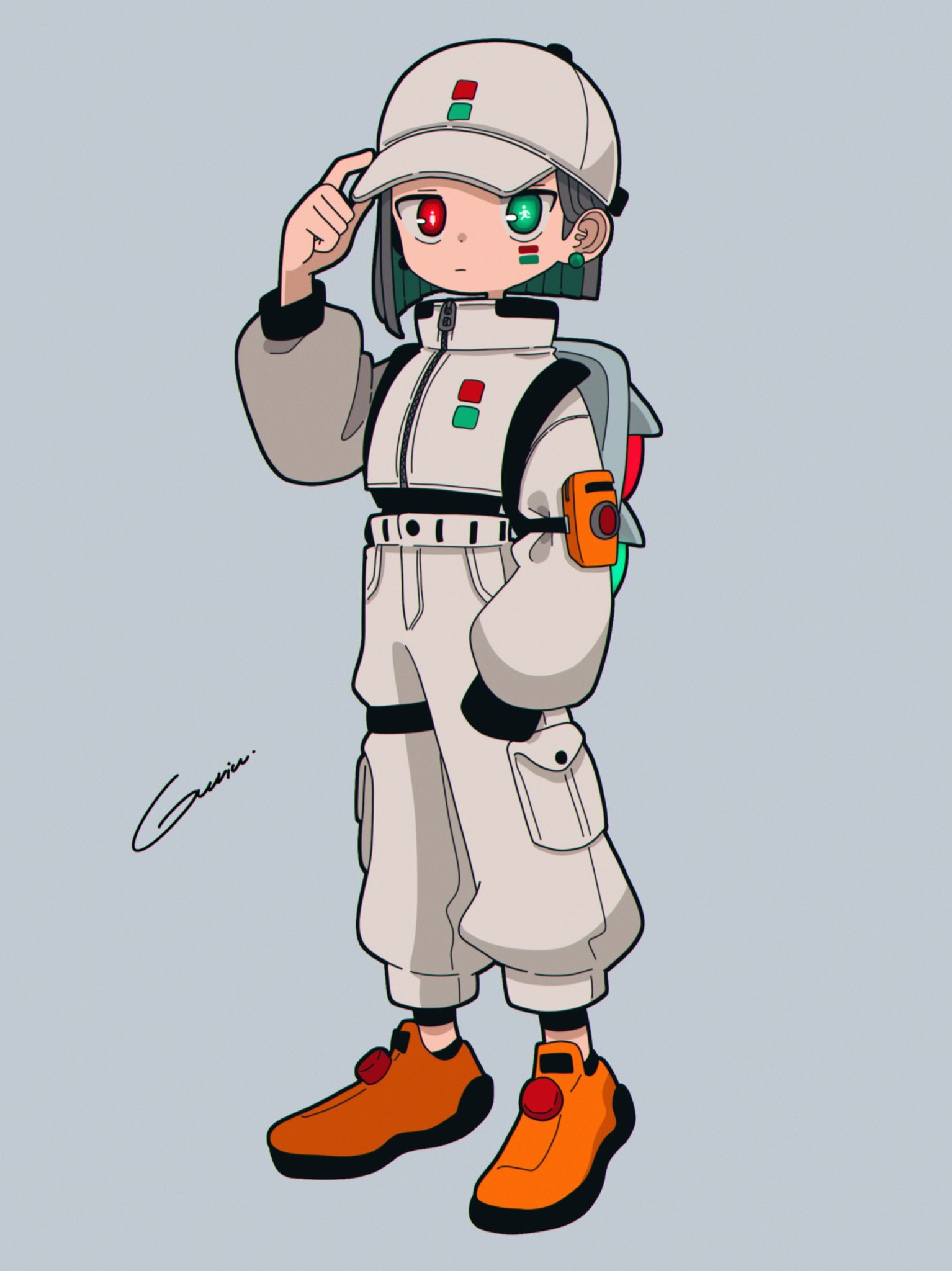 1girl backpack bag baseball_cap black_hair earrings full_body green_eyes grey_background grey_bag gurin._(desuna) hat heterochromia highres jacket jewelry long_sleeves looking_at_viewer orange_footwear original pants red_eyes shoes short_hair signature simple_background solo standing white_headwear white_jacket white_pants