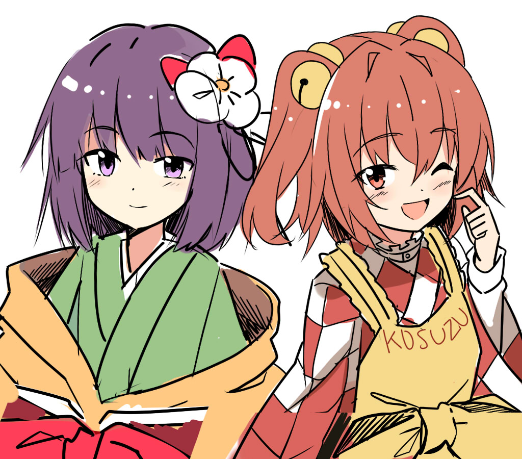 2girls :d apron bell blush bow checkered checkered_kimono checkered_sleeves clothes_writing cowboy_shot e.o. eyes_visible_through_hair flower flower_ornament green_kimono hair_bell hair_ornament hakama hand_up haori hieda_no_akyuu japanese_clothes jingle_bell kimono long_sleeves looking_at_viewer meiji_schoolgirl_uniform motoori_kosuzu multiple_girls one_eye_closed open_mouth orange_hair pointing pointing_at_self red_bow red_eyes seiza short_hair short_twintails simple_background sitting skirt smile touhou twintails two_side_up upper_body violet_eyes white_background wide_sleeves yellow_bow yellow_kimono