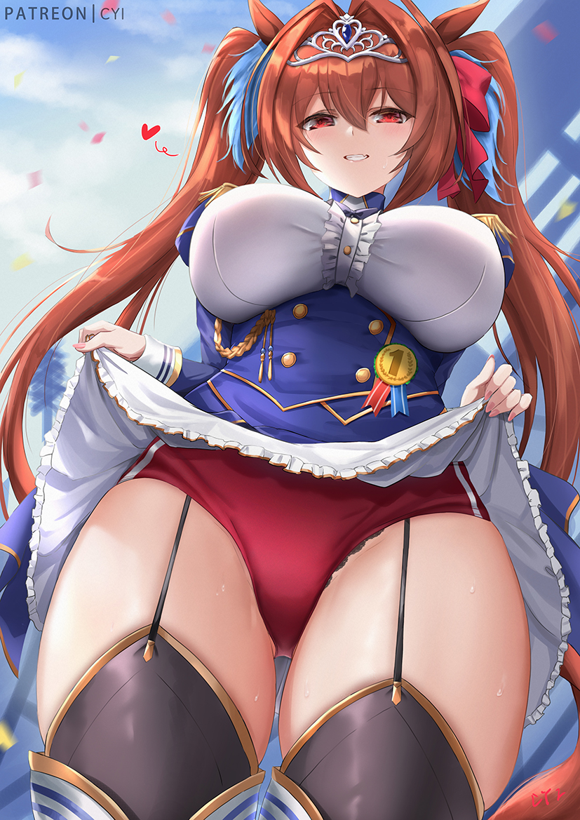 1girl animal_ears bangs blush breasts brown_hair center_frills cyicheng daiwa_scarlet_(umamusume) epaulettes frills hair_intakes horse_ears horse_girl horse_tail large_breasts layered_legwear long_hair long_sleeves looking_at_viewer red_eyes smile solo tail thighs tiara twintails umamusume underbust very_long_hair