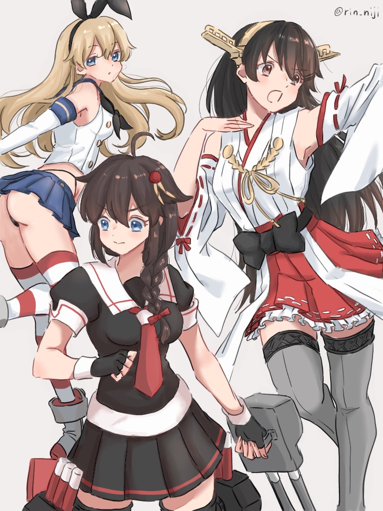 3girls adapted_turret ahoge anchor_hair_ornament black_hair black_hairband black_panties black_serafuku black_skirt blonde_hair blue_eyes blue_sailor_collar blue_skirt braid cannon commentary_request crop_top detached_sleeves elbow_gloves gloves grey_eyes grey_legwear hair_flaps hair_ornament hair_over_shoulder hairband hairclip haruna_(kancolle) headgear highleg highleg_panties japanese_clothes kantai_collection long_hair machinery microskirt miniskirt multiple_girls necktie panties pleated_skirt red_neckwear red_skirt remodel_(kantai_collection) ribbon-trimmed_sleeves ribbon_trim rin_(rin_niji) sailor_collar school_uniform serafuku shigure_(kancolle) shimakaze_(kancolle) single_braid skirt striped striped_legwear thigh-highs thong torpedo_launcher turret twitter_username underwear white_gloves white_sailor_collar