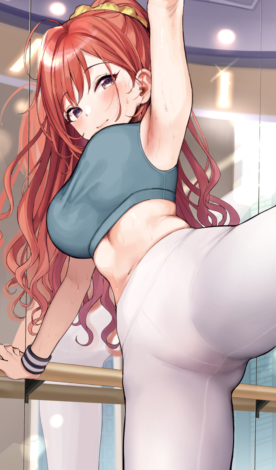 1girl ahoge arisugawa_natsuha arm_support arm_up armpits blush breasts closed_mouth colored_sclera commentary_request hair_ornament hair_scrunchie highres idolmaster idolmaster_cinderella_girls long_hair looking_at_viewer medium_breasts midriff mirei mirror navel pantyhose redhead reflection scrunchie solo sweat white_legwear yellow_sclera