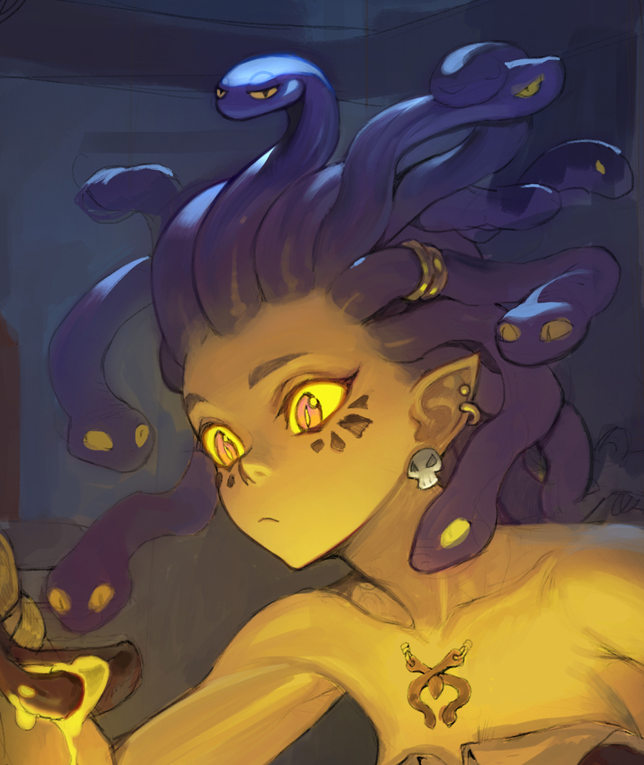 1girl bare_shoulders black_hair collarbone colored_sclera colored_skin ear_piercing earrings facial_mark gorgon holding holding_spoon jewelry living_hair morry orange_eyes original piercing pointy_ears snake_hair solo spoon yellow_sclera yellow_skin