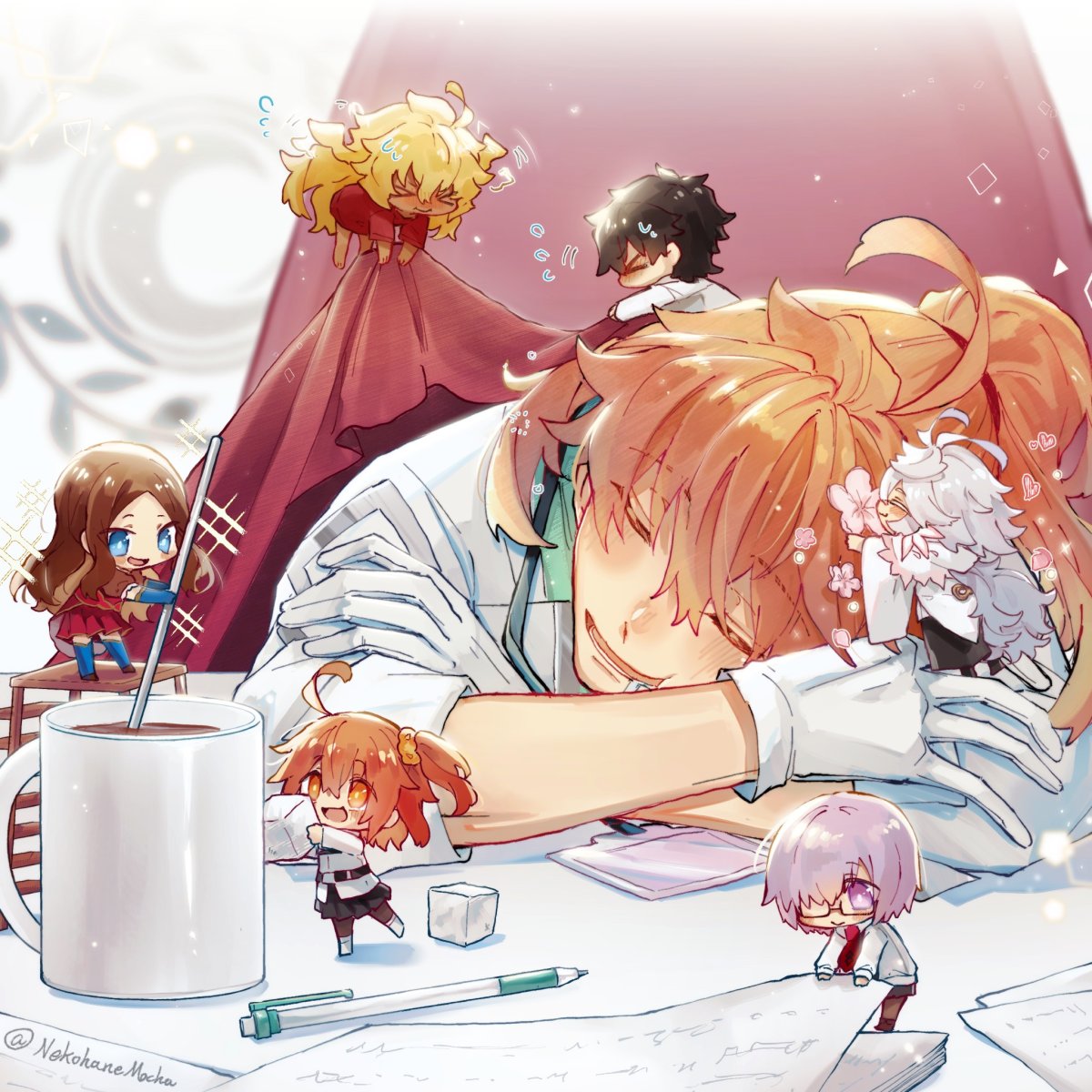 &gt;_&lt; 3girls 4boys :&gt; :d ahoge black_hair black_legwear black_skirt blonde_hair blue_eyes blue_gloves blue_legwear blurry blurry_background brown_hair chaldea_logo chaldea_uniform chibi closed_eyes coat coffee coffee_mug commentary crossed_arms cup dark-skinned_male dark_skin dress drooling fate/grand_order fate_(series) fujimaru_ritsuka_(female) fujimaru_ritsuka_(male) full_body glasses gloves goetia_(fate) green_shirt hair_over_one_eye highres id_card labcoat ladder leaning_forward leonardo_da_vinci_(fate) lindanyunyu long_hair long_sleeves mash_kyrielight mechanical_pencil merlin_(fate) mug multiple_boys multiple_girls necktie one_side_up open_mouth orange_hair pantyhose paper pencil pleated_skirt ponytail purple_hair red_dress red_neckwear red_shirt romani_archaman shirt short_hair side_ponytail signature sitting skirt sleeping smile sparkle stirring stool sugar_cube sweatdrop table thigh-highs twitter_username very_long_hair violet_eyes white_coat white_gloves white_hair white_shirt yellow_eyes