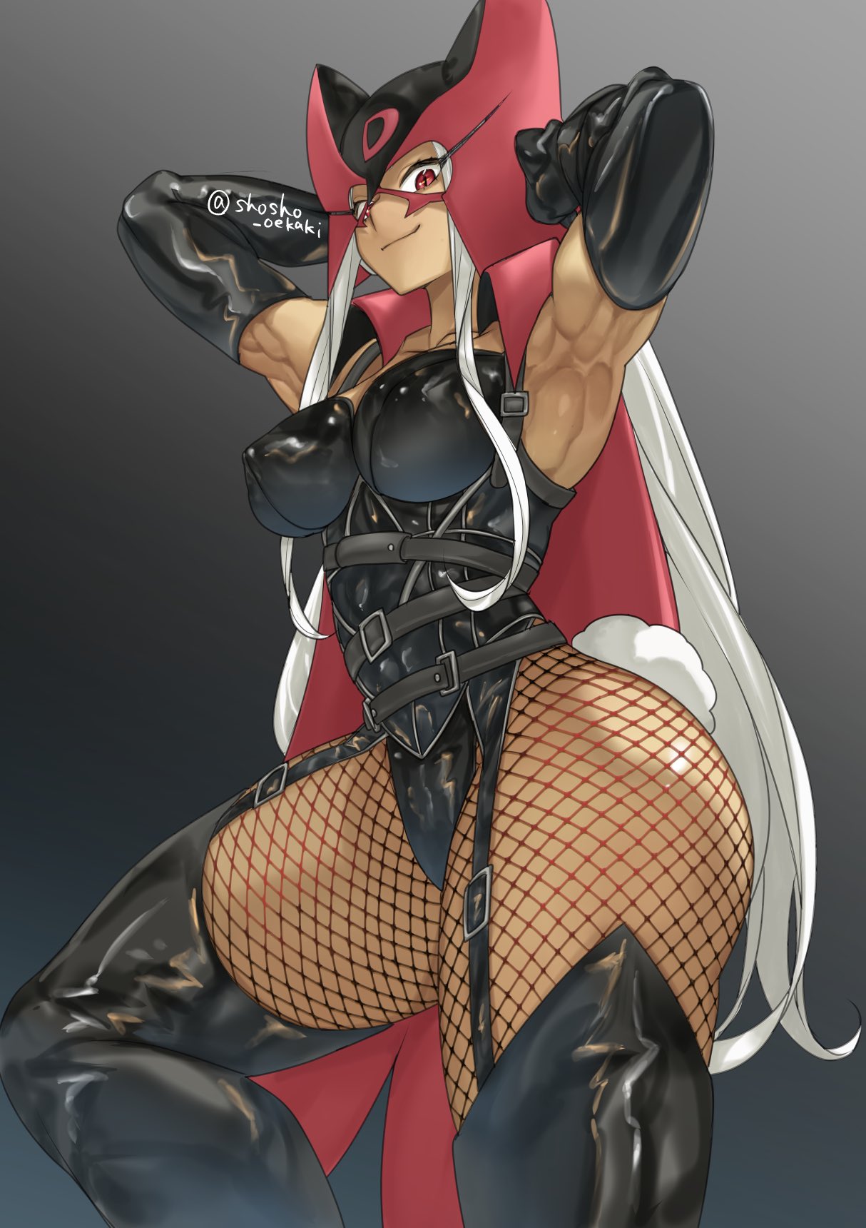 1girl armpits arms_up ass belt black_gloves black_legwear boku_no_hero_academia breasts bunny_tail closed_mouth elbow_gloves eyelashes fishnets gloves highres impossible_clothes latex long_hair looking_at_viewer looking_down mask mirko muscular muscular_female red_eyes shosho_oekaki smile solo tail very_long_hair white_hair