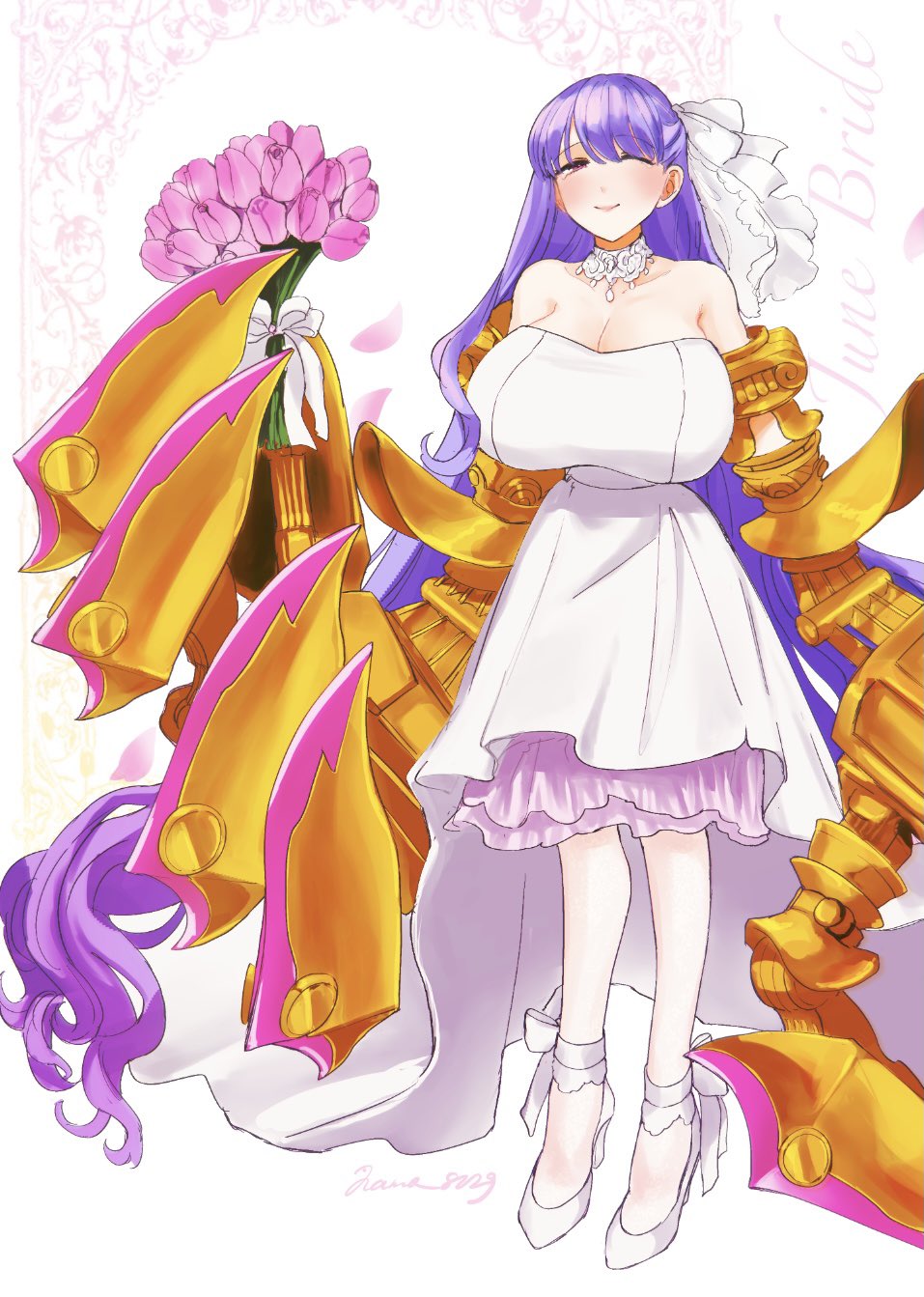 bare_shoulders bouquet breasts claws closed_eyes dress fate/grand_order fate_(series) flower gigantic_breasts hair_ribbon hamo8129 highres long_hair passionlip_(fate) pink_eyes purple_hair ribbon sleeveless sleeveless_dress smile standing strapless strapless_dress very_long_hair wedding_dress white_ribbon