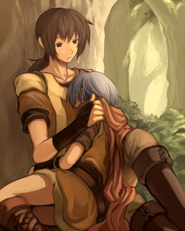 1boy 1girl against_tree ankle_lace-up bad_id bad_pixiv_id bangs bealphareth beige_pants blue_hair boots bridal_gauntlets brown_eyes brown_footwear brown_hair bush closed_eyes closed_mouth cross-laced_footwear feet_out_of_frame forest hair_tubes hand_on_another's_shoulder harusame_(rueken) knee_boots looking_at_another low_ponytail medium_hair nature outdoors pants philia_(bealphareth) ponytail puska reclining red_scarf scarf short_hair short_sleeves sidelocks sleeping sweatdrop tied_hair tree