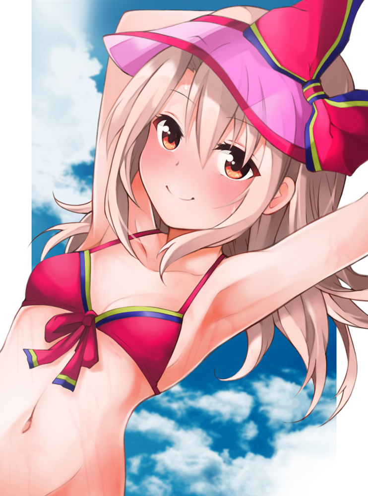 1girl armpits arms_up bangs bare_shoulders bikini blue_sky blush bow breasts collarbone fate/grand_order fate_(series) illyasviel_von_einzbern illyasviel_von_einzbern_(swimsuit_archer)_(fate) long_hair looking_at_viewer mochi_(k620803n) navel pink_bikini red_bow red_eyes sky small_breasts smile solo swimsuit thighs visor_cap wet white_hair