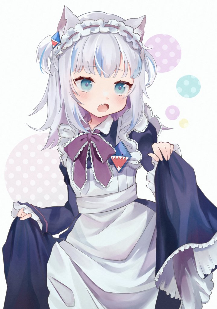 1girl alternate_costume animal_ears blue_dress blue_eyes bow bowtie cat_ears clothes_lift commentary dress dress_lift fang frilled_dress frills gawr_gura hair_ornament hololive hololive_english kemonomimi_mode lifted_by_self maid maid_headdress medium_hair multicolored_hair open_mouth pin pon_miso purple_neckwear shark_hair_ornament solo streaked_hair two-tone_dress upper_body virtual_youtuber white_dress white_hair