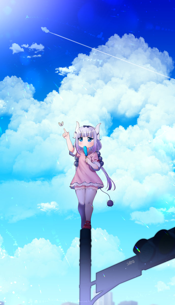 1girl bangs blue_sky blunt_bangs bug butterfly clouds cloudy_sky commentary_request dragon_girl dragon_horns dragon_tail dress eyebrows_visible_through_hair hair_bobbles hair_ornament hairband highres horns insect kanna_kamui kobayashi-san_chi_no_maidragon long_hair looking_away looking_up low_twintails mary_janes pink_dress pointing shoes short_sleeves sidelocks sky solo standing suou_sakura tail thigh-highs traffic_light twintails utility_pole violet_eyes white_hair white_legwear zettai_ryouiki