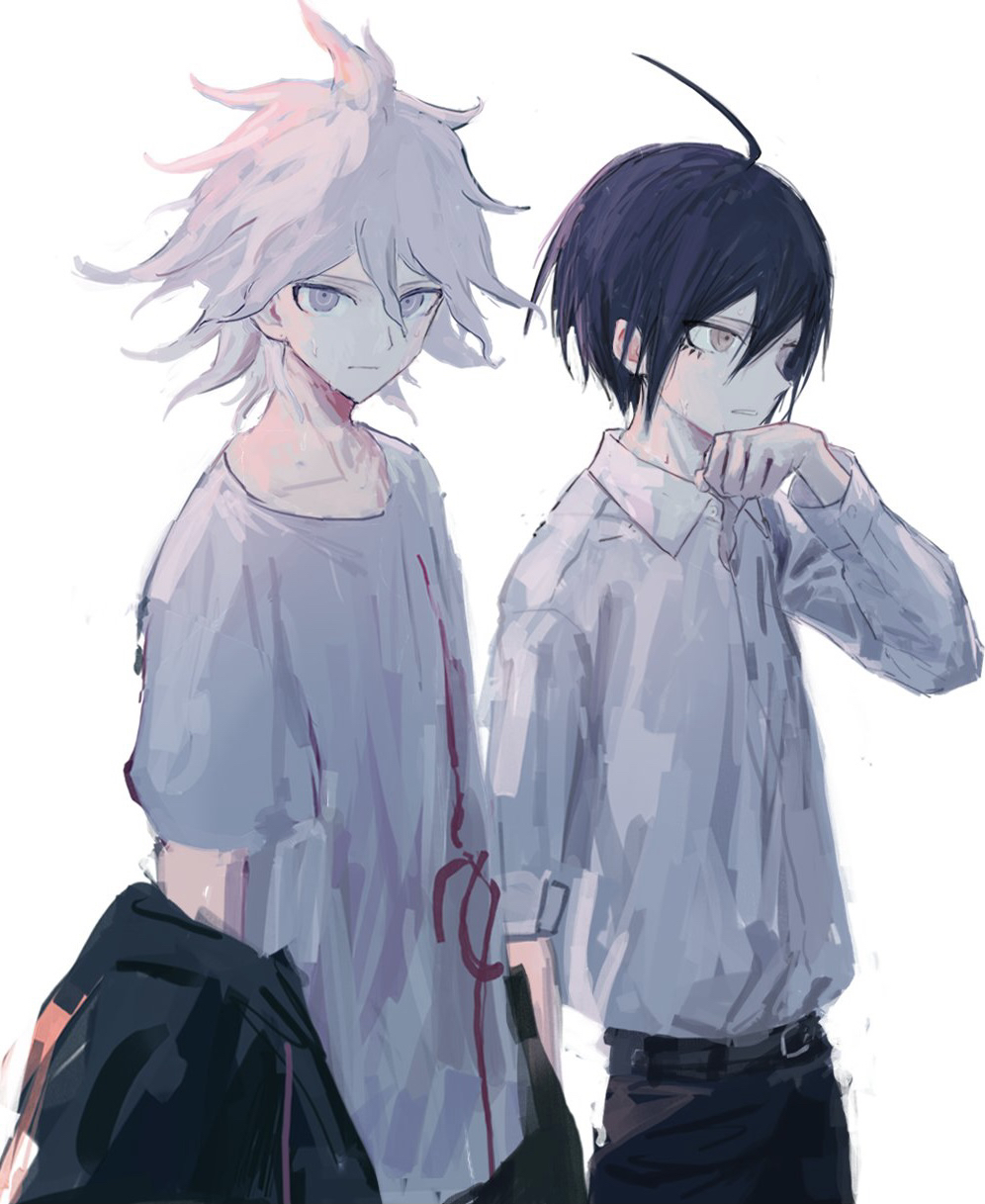 2boys ahoge bangs black_hair black_pants brown_hair collared_shirt dangan_ronpa_(series) dangan_ronpa_2:_goodbye_despair dangan_ronpa_v3:_killing_harmony grey_eyes grey_hair grey_shirt hand_on_own_chin hand_up highres iumi_urura komaeda_nagito long_sleeves looking_at_viewer male_focus messy_hair multiple_boys off_shoulder pants parted_bangs print_shirt saihara_shuuichi shirt shirt_tucked_in short_hair short_sleeves simple_background sweat white_background white_hair