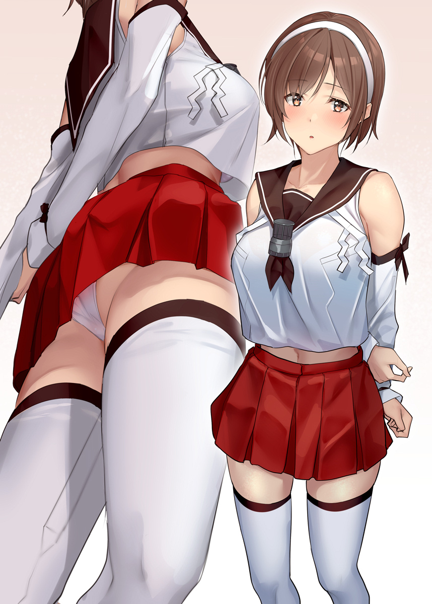 1girl bare_shoulders blush breasts brown_eyes brown_hair brown_sailor_collar collarbone detached_sleeves eyebrows_visible_through_hair gradient gradient_background hairband highres kantai_collection large_breasts midriff multiple_views natori_(kancolle) navel pallad panties parted_lips pleated_skirt red_skirt sailor_collar short_hair skirt thigh-highs underwear white_hairband white_legwear white_panties