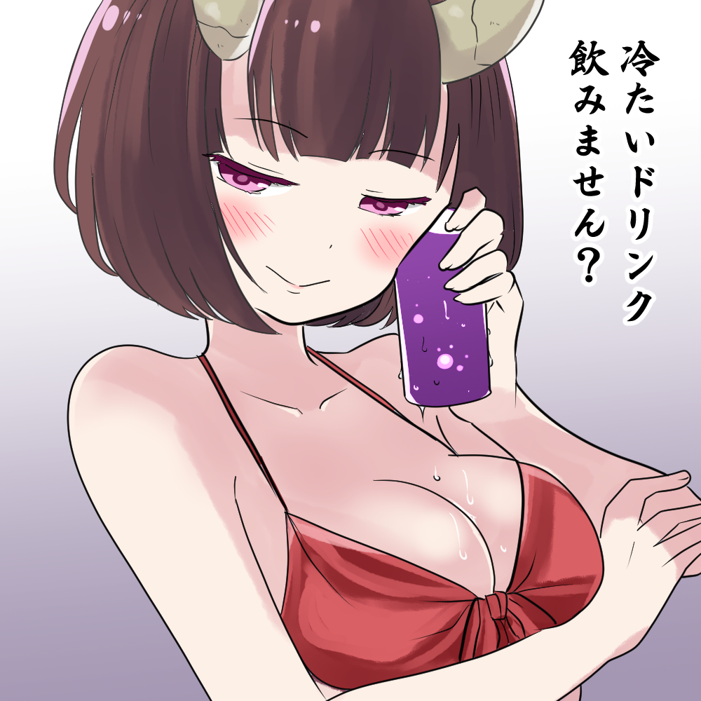 1girl bare_shoulders bikini bikini_top black_hair blush breasts check_translation collarbone commentary_request cup demon_girl demon_horns eriko_(princess_connect!) eyebrows_visible_through_hair holding holding_cup horns jin_kansai princess_connect! red_bikini short_hair smile solo swimsuit translation_request upper_body violet_eyes