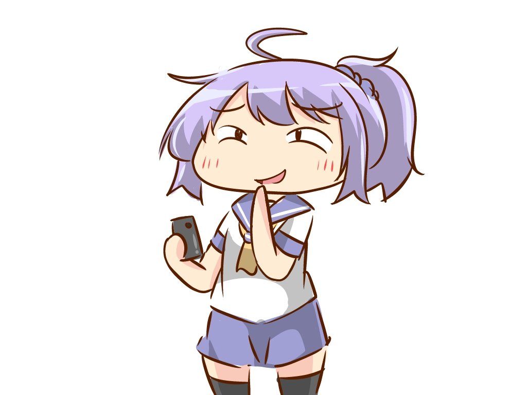 1girl ahoge aoba_(kancolle) black_legwear blue_eyes blue_scrunchie cellphone commentary_request cowboy_shot giggling kantai_collection nanakusa_nazuna phone ponytail purple_hair purple_sailor_collar purple_shorts sailor_collar school_uniform scrunchie serafuku shorts simple_background solo thigh-highs white_background