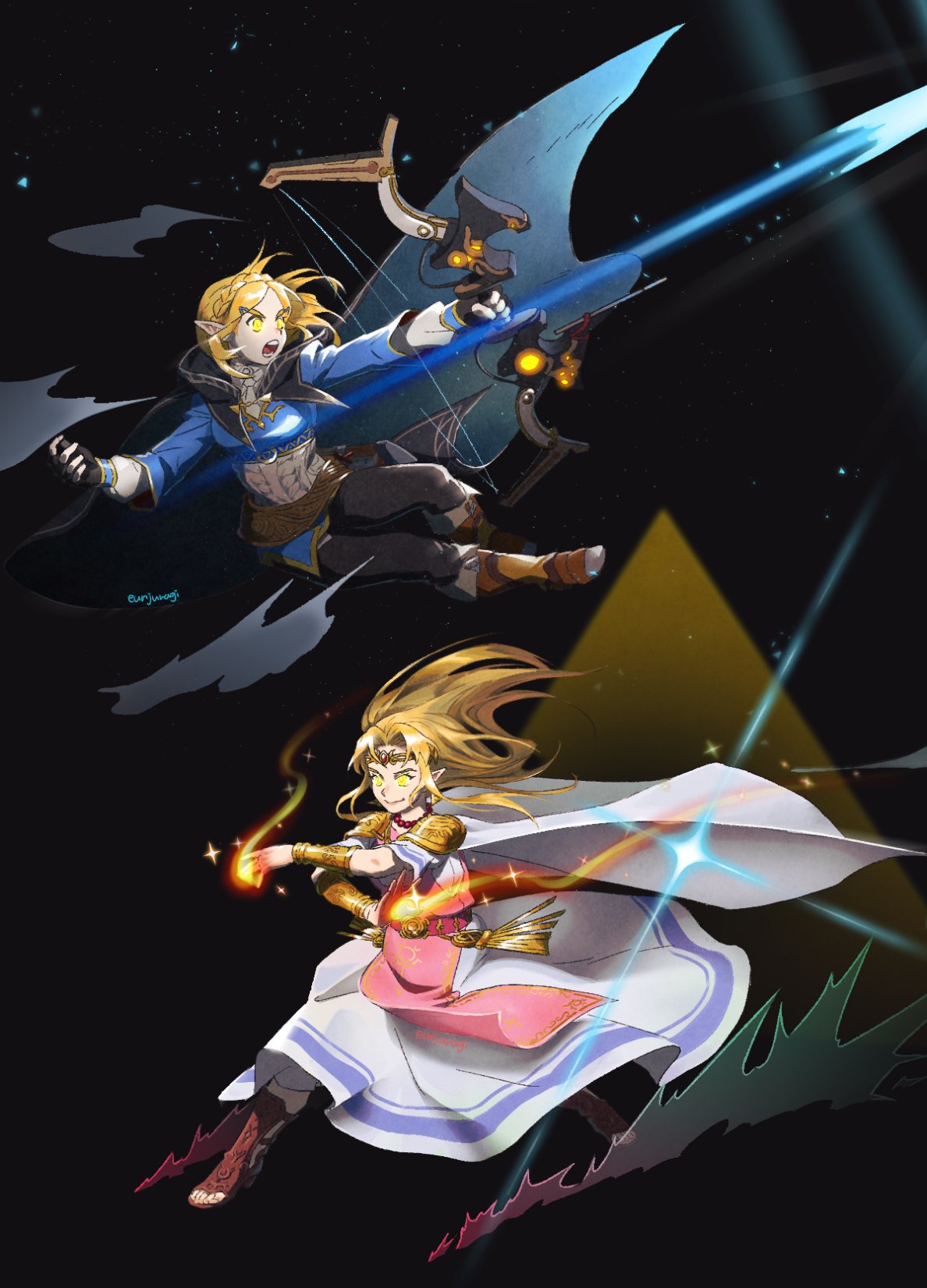 2girls artist_request bangs blonde_hair blue_eyes bow_(weapon) braid cape dress earrings gloves gown green_eyes hair_ornament hairclip highres jewelry long_hair multiple_girls open_mouth pointy_ears princess_zelda short_hair simple_background smile super_smash_bros. the_legend_of_zelda the_legend_of_zelda:_a_link_between_worlds the_legend_of_zelda:_breath_of_the_wild the_legend_of_zelda:_breath_of_the_wild_2 tiara triforce tunic weapon