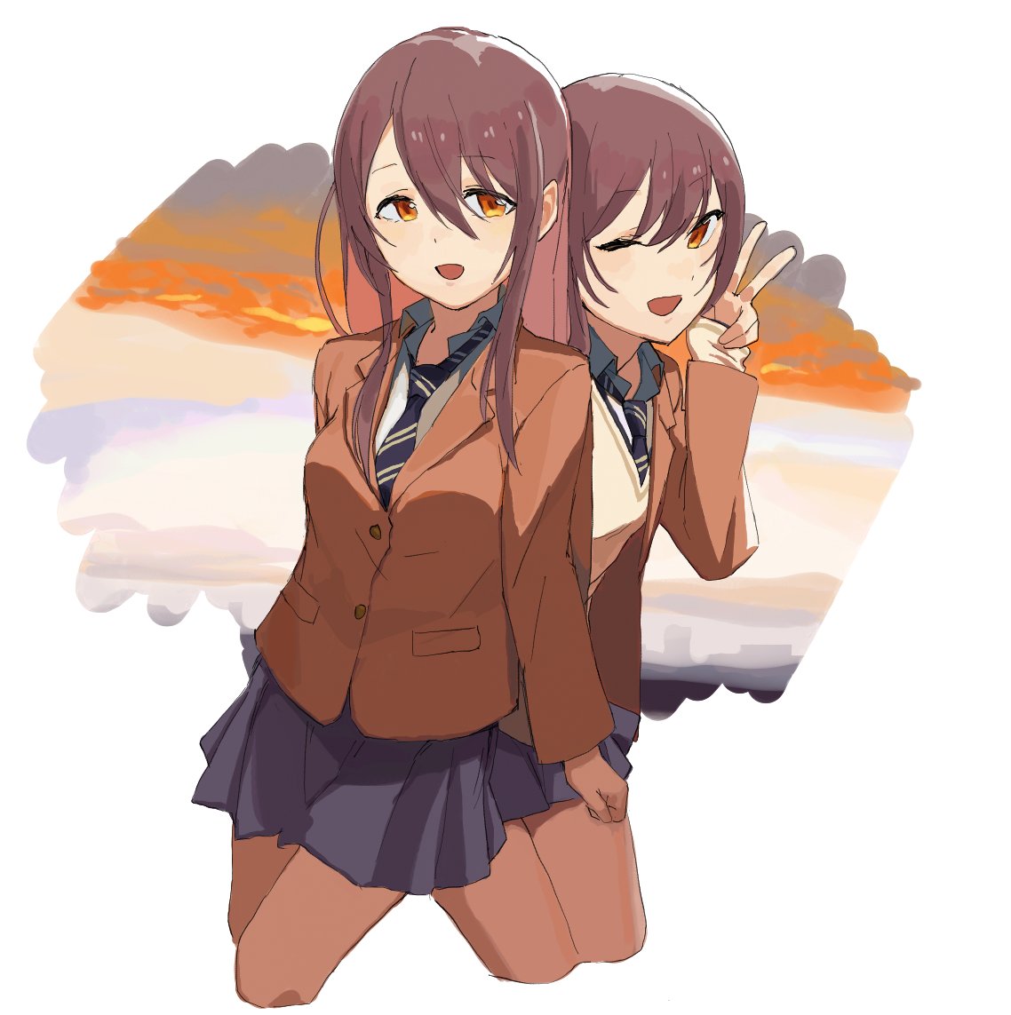 2girls absurdres beige_sweater blue_neckwear brown_eyes brown_hair collared_shirt eyebrows_visible_through_hair from_above gradient gradient_background grey_jacket hair_between_eyes hands_clasped highres idolmaster idolmaster_shiny_colors jacket l62gb4 long_hair looking_at_viewer multiple_girls one_eye_closed oosaki_amana oosaki_tenka open_mouth own_hands_together plaid plaid_skirt pleated_skirt school_uniform shirt siblings sidelocks skirt smartphone standing straight_hair striped striped_neckwear tokufumi twins white_shirt