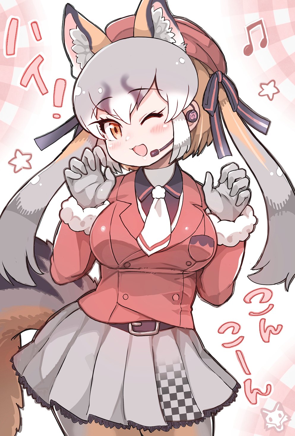 1girl :3 animal_ears black_shirt blush claw_pose collared_shirt commentary_request cowboy_shot fox_ears fox_girl fox_tail frilled_skirt frills fur_trim gloves grey_gloves grey_hair grey_legwear grey_skirt highres island_fox_(kemono_friends) jacket kemono_friends kemono_friends_v_project light_brown_hair long_hair long_sleeves looking_at_viewer multicolored_hair necktie official_alternate_costume one_eye_closed open_mouth orange_eyes orange_jacket orange_legwear pantyhose pleated_skirt shirt skirt solo tail tanaka_kusao translation_request twintails two-tone_hair two-tone_legwear virtual_youtuber white_fur white_neckwear