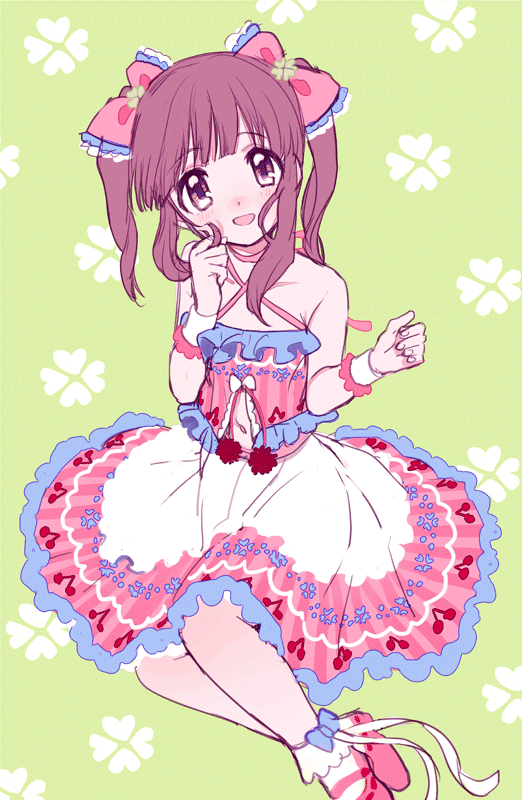 1girl :d amezawa_koma bow brown_eyes brown_hair clothing_cutout green_background hair_bow hair_twirling hands_up head_tilt idolmaster idolmaster_cinderella_girls looking_at_viewer multicolored multicolored_clothes multicolored_skirt navel navel_cutout ogata_chieri open_mouth pink_bow pink_footwear pink_skirt pink_vest quad_tails shoes skirt smile solo twintails vest white_skirt wristband