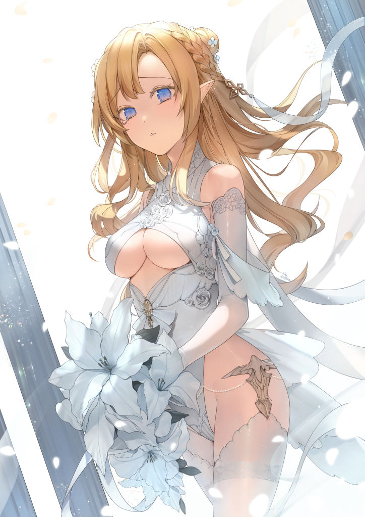 1girl bare_shoulders blonde_hair blue_eyes braid breast_cutout breasts commentary_request crying crying_with_eyes_open elf eyebrows_visible_through_hair flower hair_bun holding holding_flower hu_kotora leotard long_hair looking_at_viewer medium_breasts original pointy_ears solo tears thigh-highs under_boob wedding