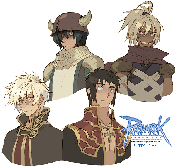 4boys ahoge armor assassin_(ragnarok_online) bags_under_eyes bandages bangs black_coat black_hair blue_eyes brown_capelet capelet chainmail closed_mouth coat commentary copyright_name cropped_torso cross cross_necklace dark-skinned_male dark_skin dated_commentary english_commentary eyebrows_visible_through_hair grandyoukan green_eyes green_hair grin hair_between_eyes hair_over_one_eye helmet high_ponytail horned_helmet jewelry knight_(ragnarok_online) logo looking_at_viewer male_focus medium_hair multiple_boys necklace open_clothes open_coat pauldrons pince-nez priest_(ragnarok_online) purple_shirt ragnarok_online red_coat red_eyes red_scarf red_shirt scarf shirt short_hair shoulder_armor simple_background sleeveless sleeveless_shirt smile tabard two-tone_coat upper_body white_background white_hair wizard_(ragnarok_online) yellow_eyes